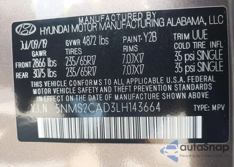 2020 Hyundai Santa Fe Se z USA, uszkodzony, nr VIN 5NMS2CAD3LH143664